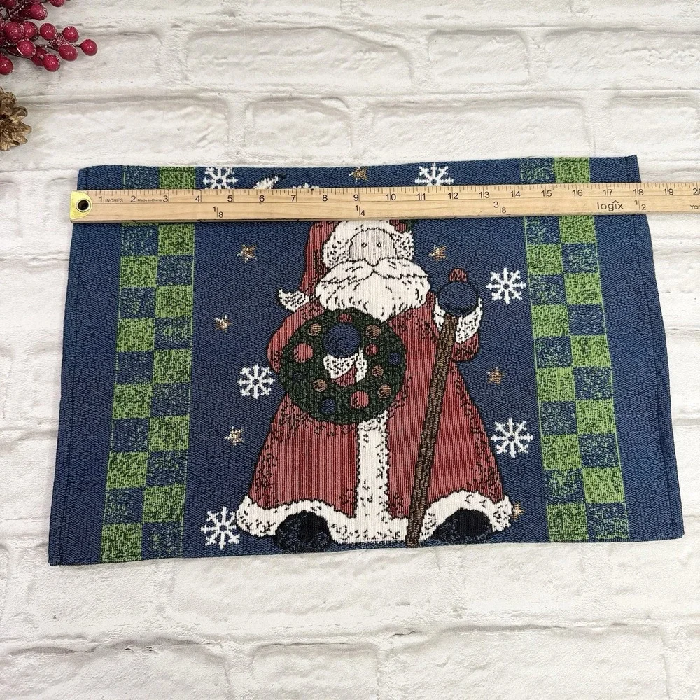Vtg Tapestry Christmas Placemats Folk Art Santa Blue Green Plaid Cottagecore 2
